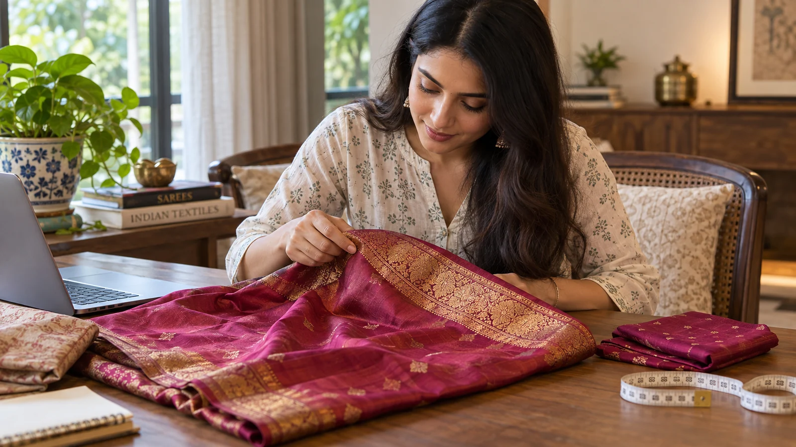 Woman checking saree fabric, border and blouse piece before buying online